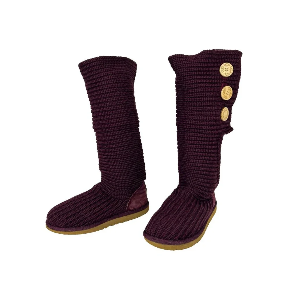 Ugg Classic Cardy Knit Boots Burgundy Convertible Tall or Mid Calf Button Shoe 7